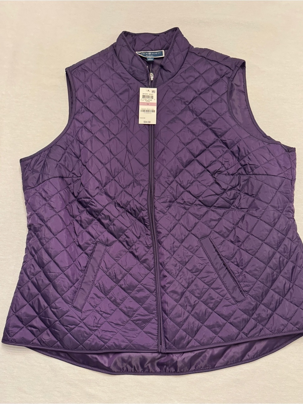 Karen Scott Purple Quilted Zip Front Vest 1X NWT